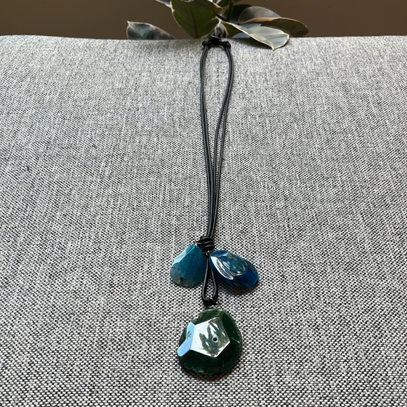 Handmade Blue and Green Stone Necklace with brown cord , Made in Athens, Greece - Picture 13 of 17